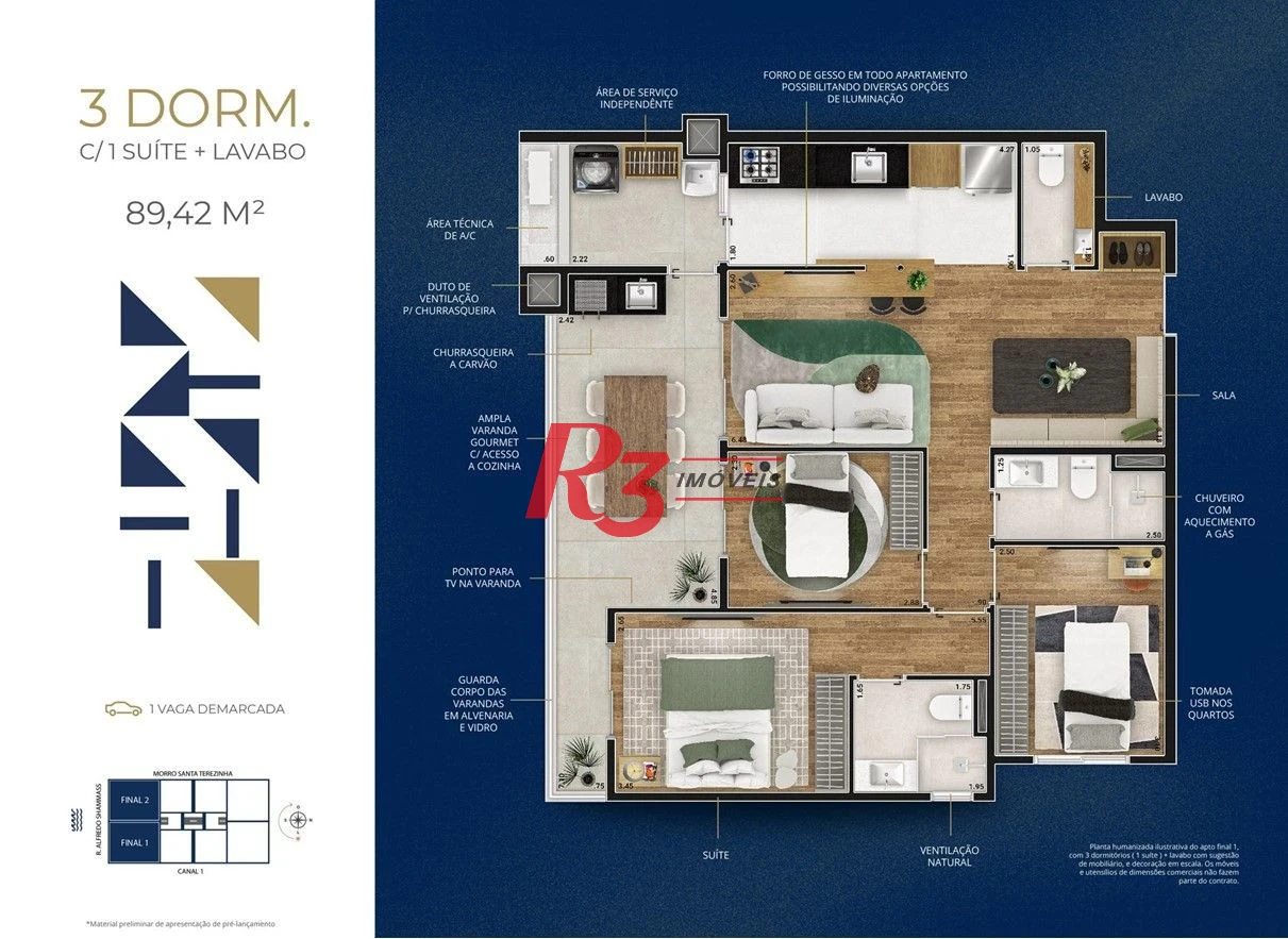 Apartamento com 3 dormitórios à venda, 89 m² por R$ 1.220.000,00 - Marapé - Santos/SP